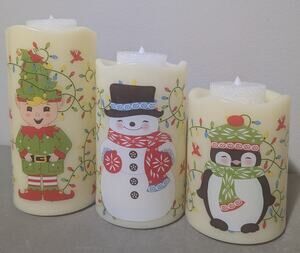Temp-tations Set of 3 Christmas Flameless LED Wax Pillar Candles Santa Reindeer